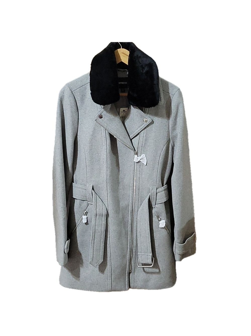 Express Women Moto Jacket Faux Fur Collar Belted Wool Blend Grey Size M